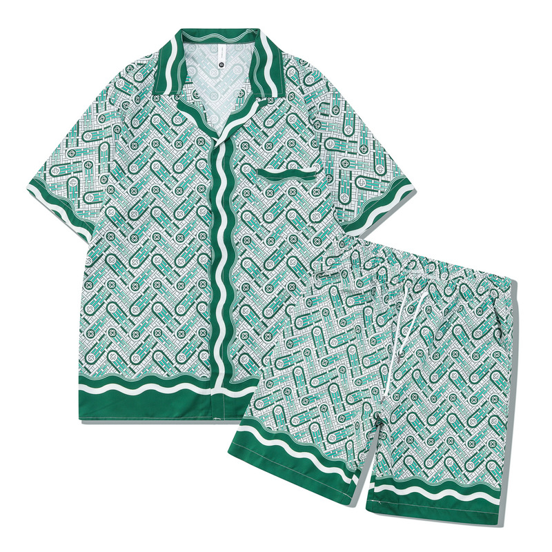 Digital printed abstract shirt set, retro beach casual shorts, short sleeved shirt