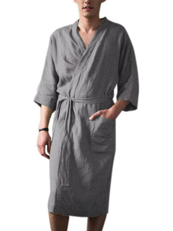 Men's home wear comfortable mid to long length seven inch sleeve nightgown without collar