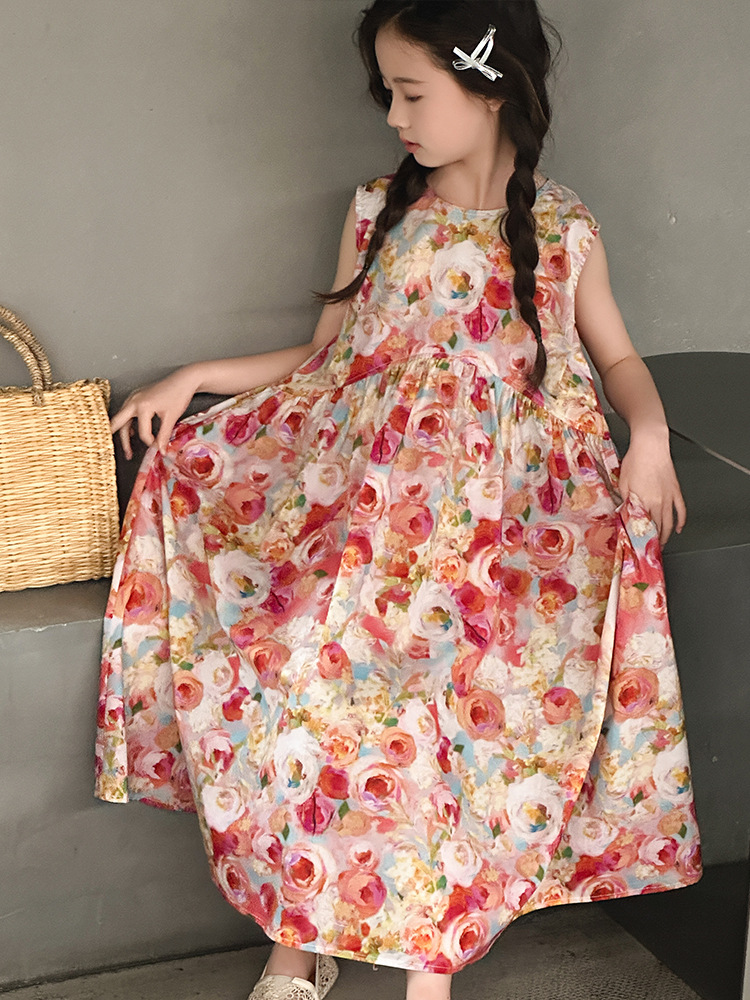 Floral sleeveless vest dress, stylish and fashionable children's summer dress, casual dress for adults and girls