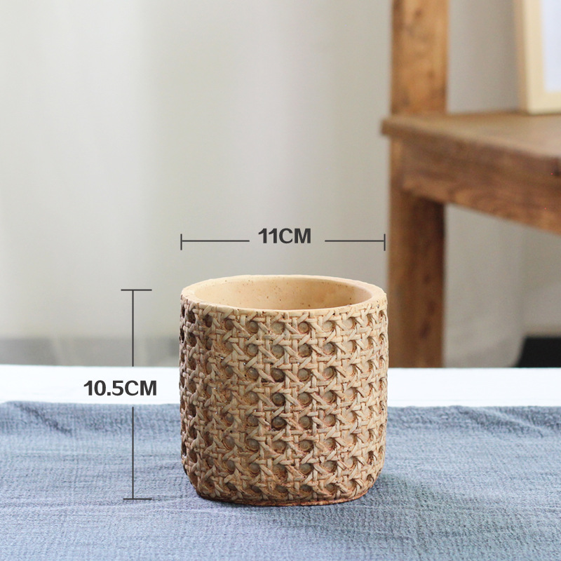 Cement flowerpot, Mediterranean indoor potted plant, woven bamboo, personalized and creative green planter