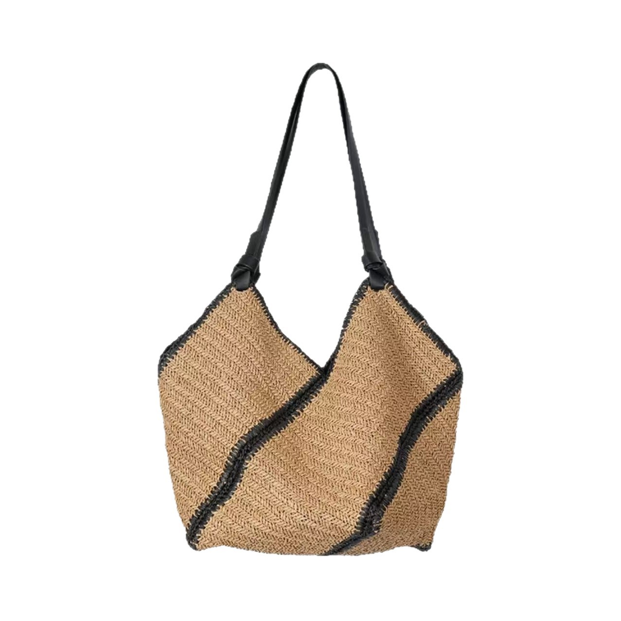 Hump shoulder diagonal striped grass woven bag, new casual black border hand-held grass woven bag, beach vacation beach bag