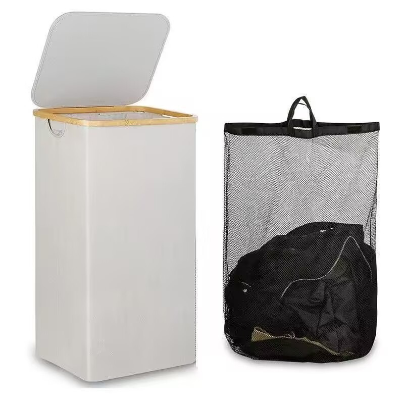 Foldable dirty clothes basket with lid storage basket made of bamboo fabric and inner bag, popular in bathroom and bedroom