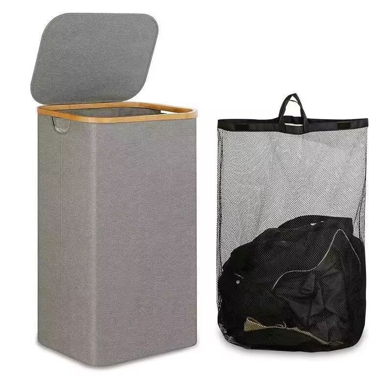 Foldable dirty clothes basket with lid storage basket made of bamboo fabric and inner bag, popular in bathroom and bedroom