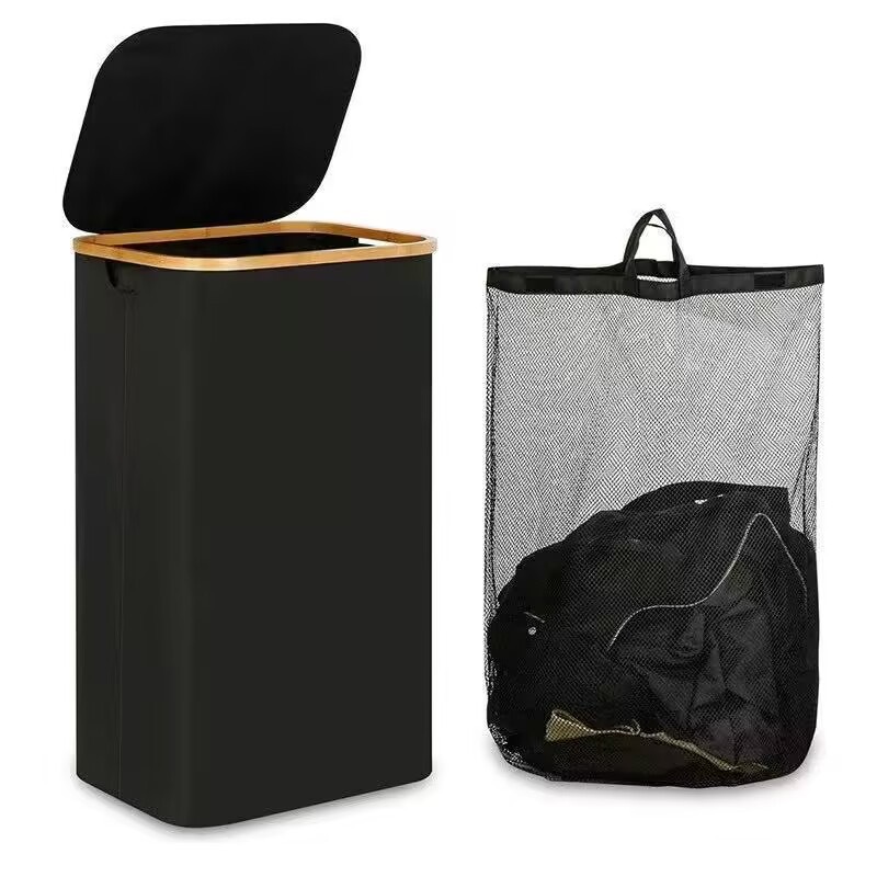 Foldable dirty clothes basket with lid storage basket made of bamboo fabric and inner bag, popular in bathroom and bedroom