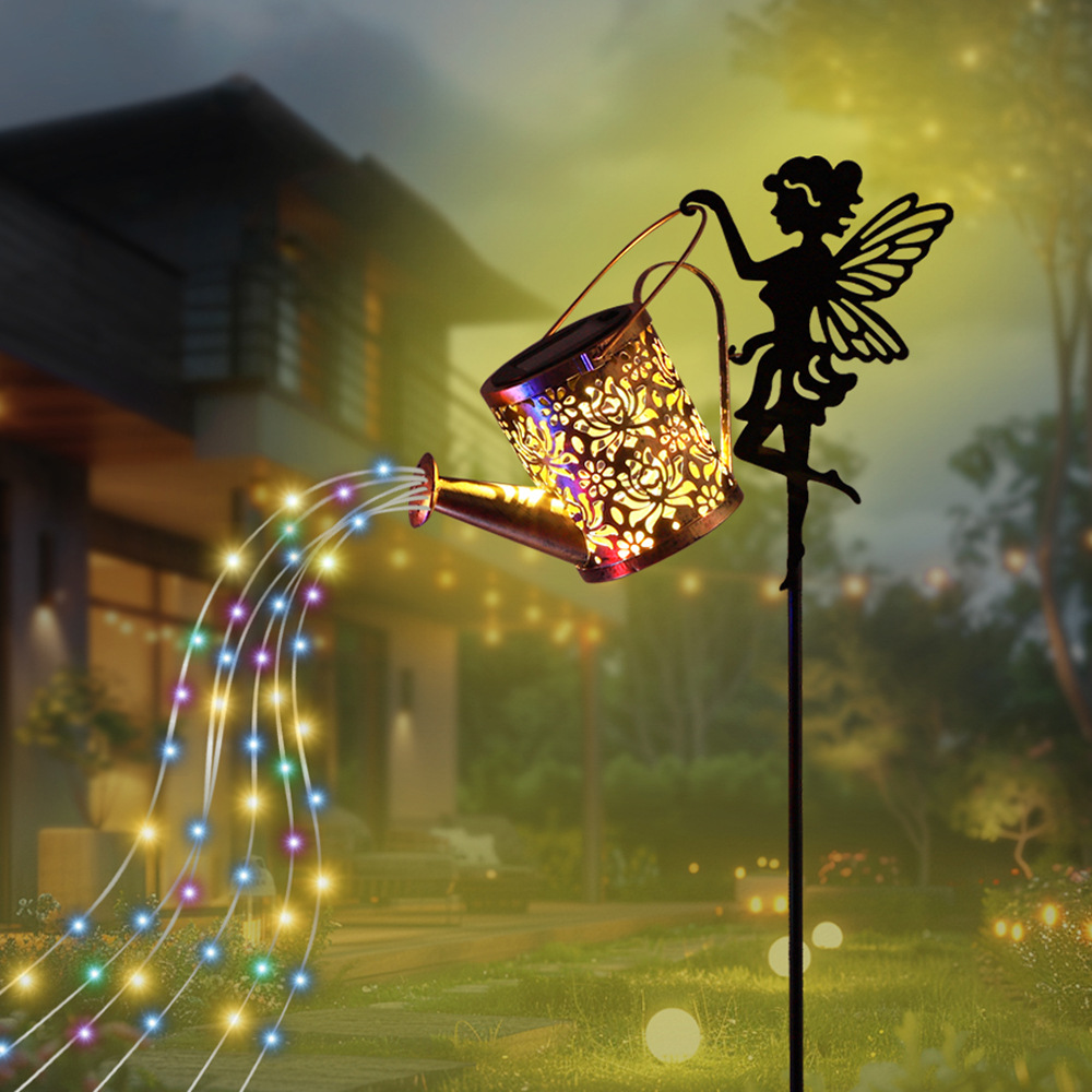 Solar Flower Fairy Lawn Lamp Iron Hollow Projection Lamp Solar Outdoor Waterproof Garden Fairy Kettle Lamp