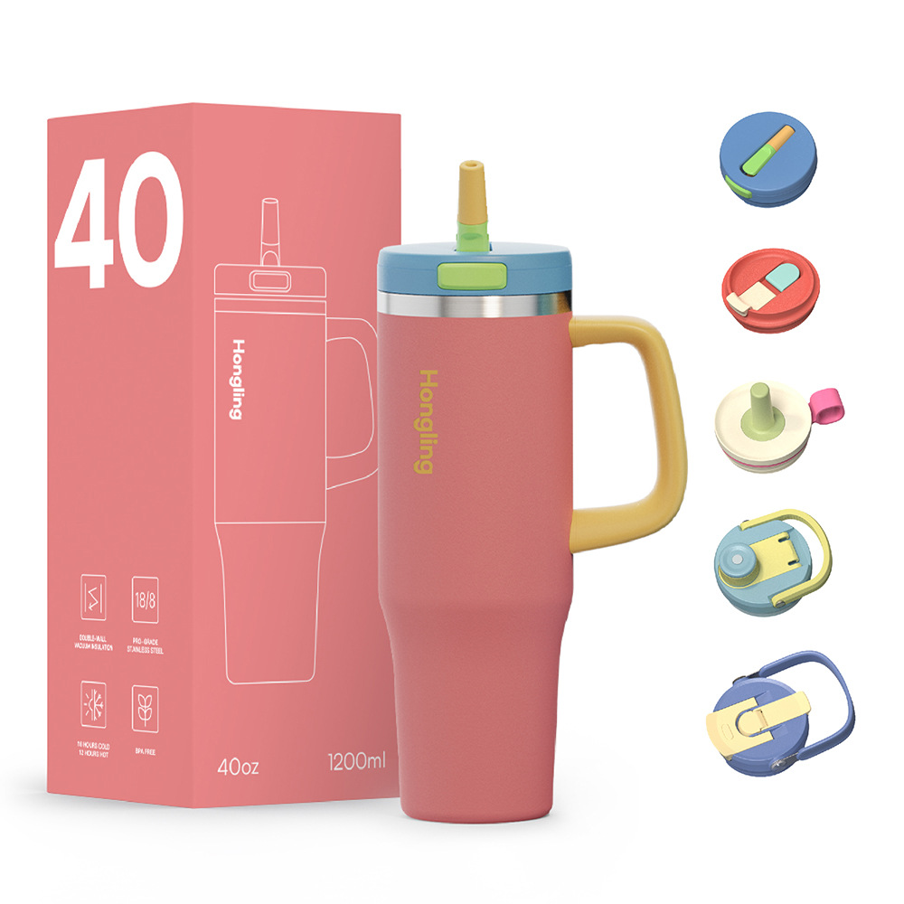 New multifunctional 40OZ car cup 304 stainless steel handle cup a cup of multi-lid wide mouth ice cup