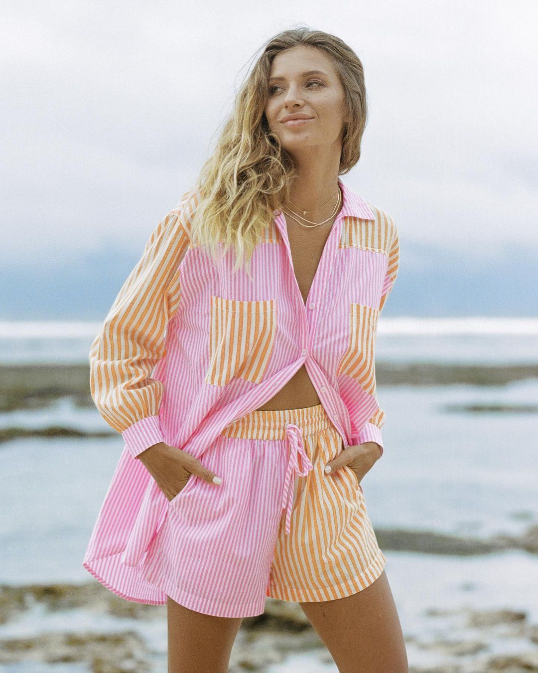 Shirts Suit Shorts Lapel Single-Breasted Home Casual Striped Loose Pocket Women's Shirt