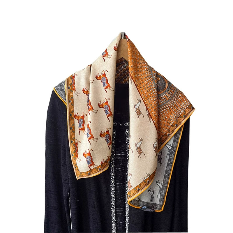 Mulberry silk, real silk, wool 65, silk and wool double-sided differently colored square scarf, women's spring and summer sun protection scarf, hand-rolled edge silk scarf