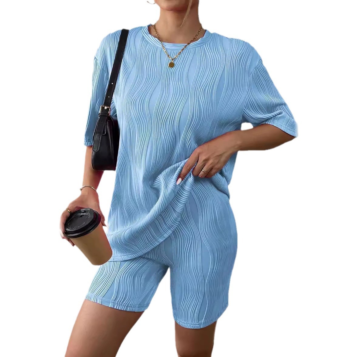 Spring and summer new women's clothing European and American solid color three-dimensional wave pattern fashion short-sleeved shorts pajamas suit