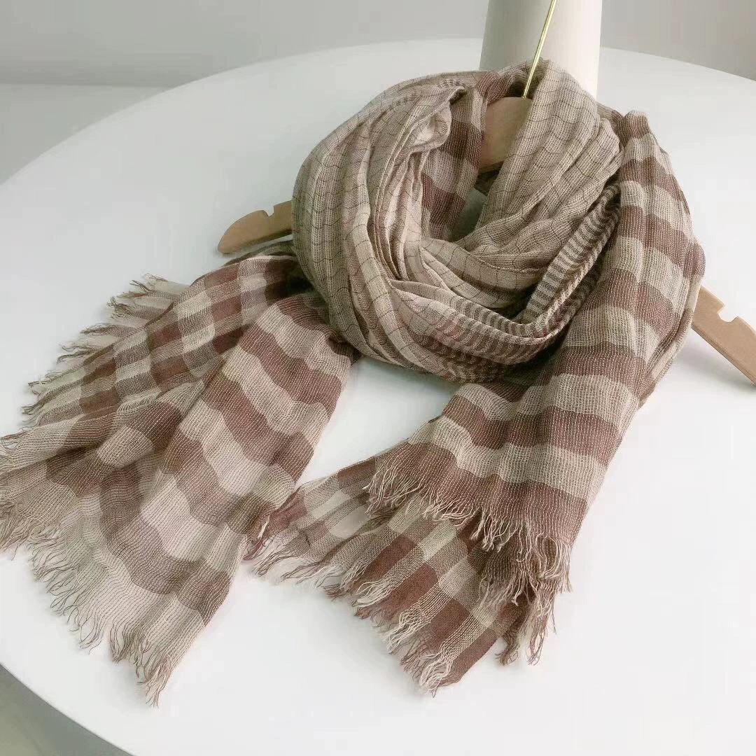 Yellow checkered linen scarf, thin and versatile shawl, Japanese-style women's sun-protective silk scarf for summer