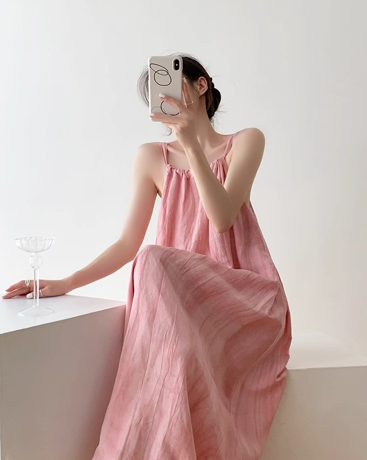 Dopamine Pink Smudged Dress Women's Summer Slimming Look Large Swing Skirt Sleeveless Beach Long Skirt Vacation Suspender Skirt