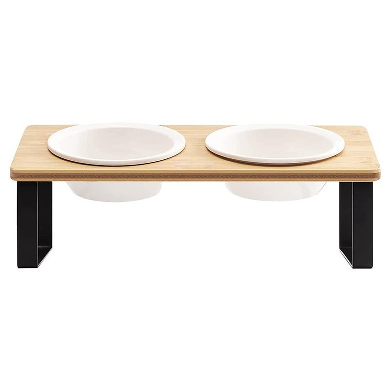 Bamboo and wood cat and dog bowl rack, double bowl feeder rack, wooden cat bowl rack, pet tableware, small dog pet dining table