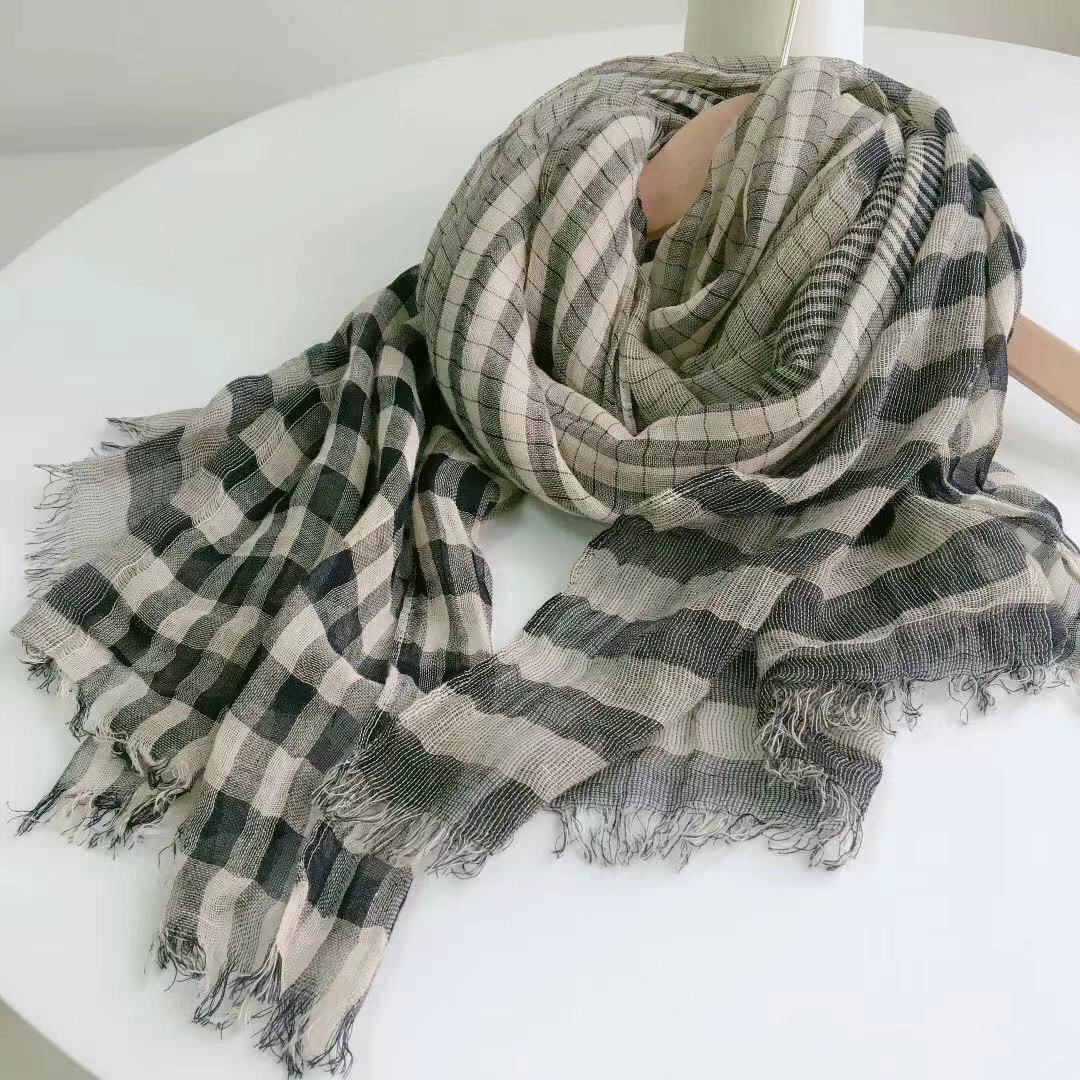 Yellow checkered linen scarf, thin and versatile shawl, Japanese-style women's sun-protective silk scarf for summer