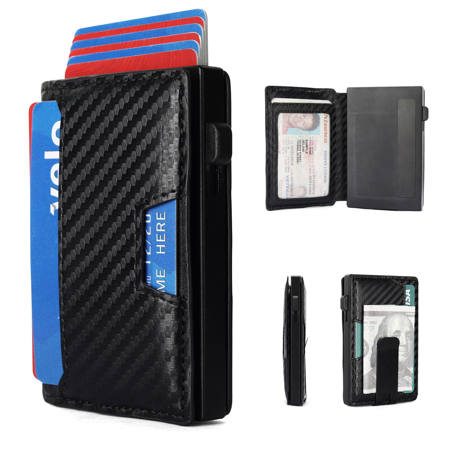 Anti-demagnetization aluminum alloy automatic card holder, high-end carbon fiber wallet, large-capacity men's card case