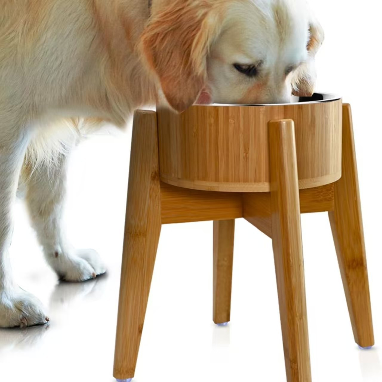Bamboo and wooden pet bowl stand bracket, creative household single bowl food basin for feeding and drinking cats and dogs, protecting the cervical vertebrae from being knocked over