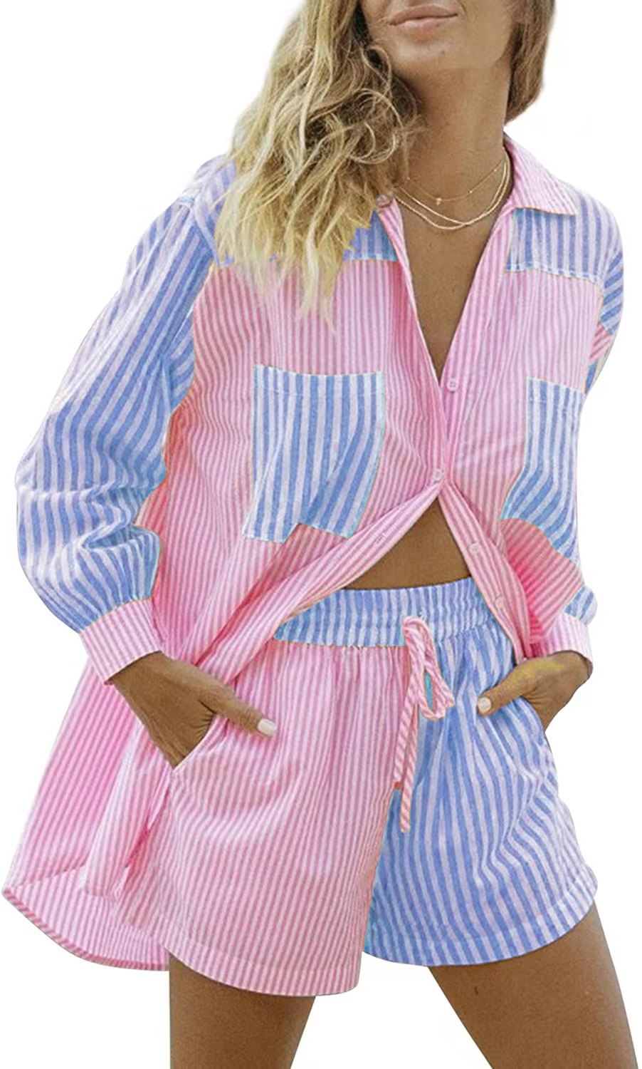 Shirts Suit Shorts Lapel Single-Breasted Home Casual Striped Loose Pocket Women's Shirt