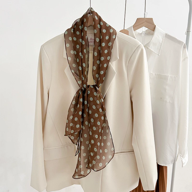 A French long silk scarf for women's spring and summer, a light and thin neckerchief for casual sun protection, with an outer scarf and belt decoration