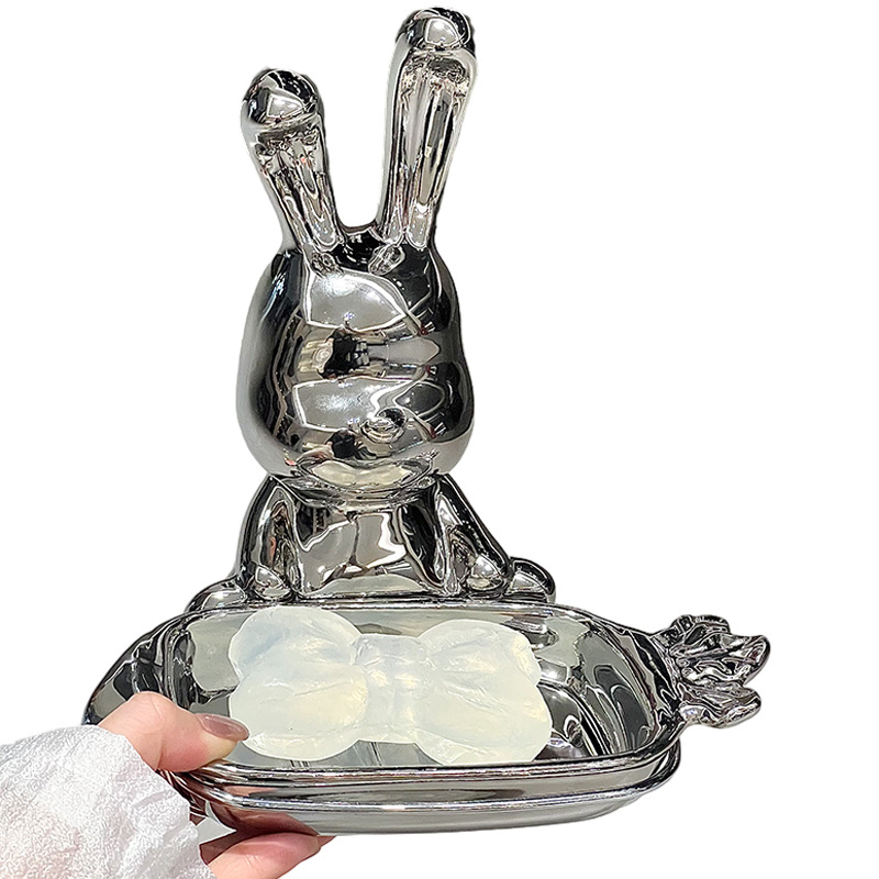 Cute cartoon rabbit ceramic soap dish, household bathroom soap storage box, soap holder