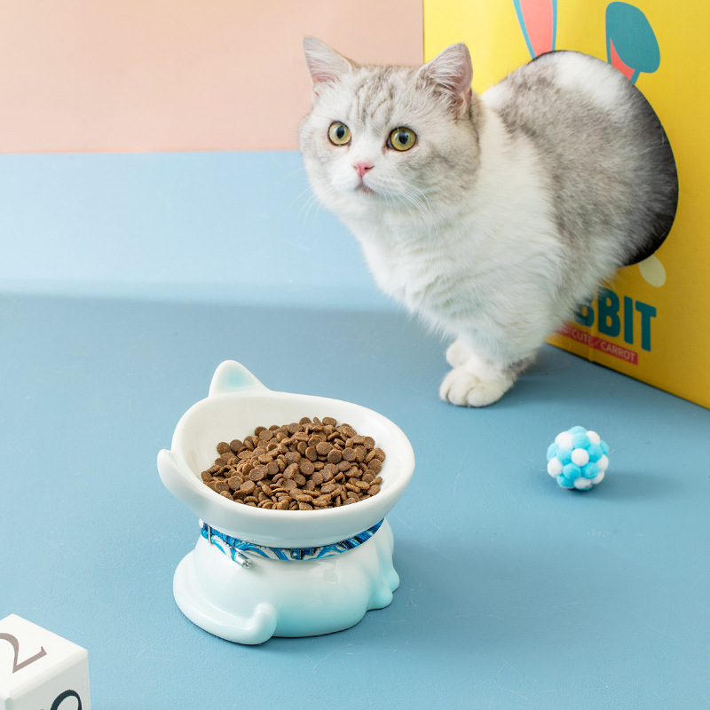 Ceramic cat bowl with cervical vertebrae protection, slanted mouth and high feet, cat and dog drinking and food bowls, cat food bowls, pet supplies, anti-tipping wholesale
