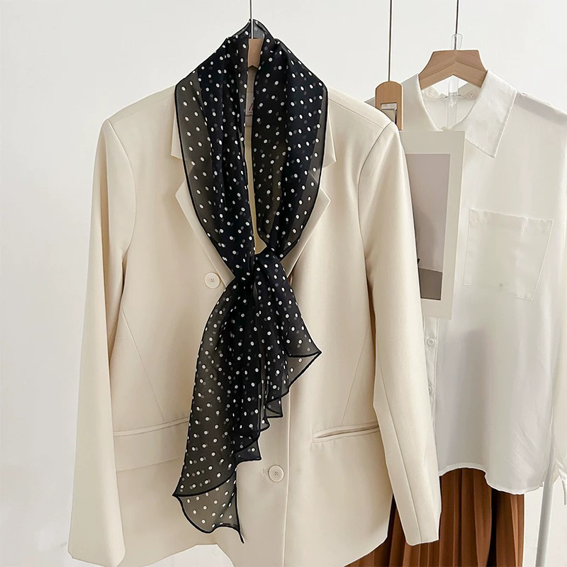 A French long silk scarf for women's spring and summer, a light and thin neckerchief for casual sun protection, with an outer scarf and belt decoration