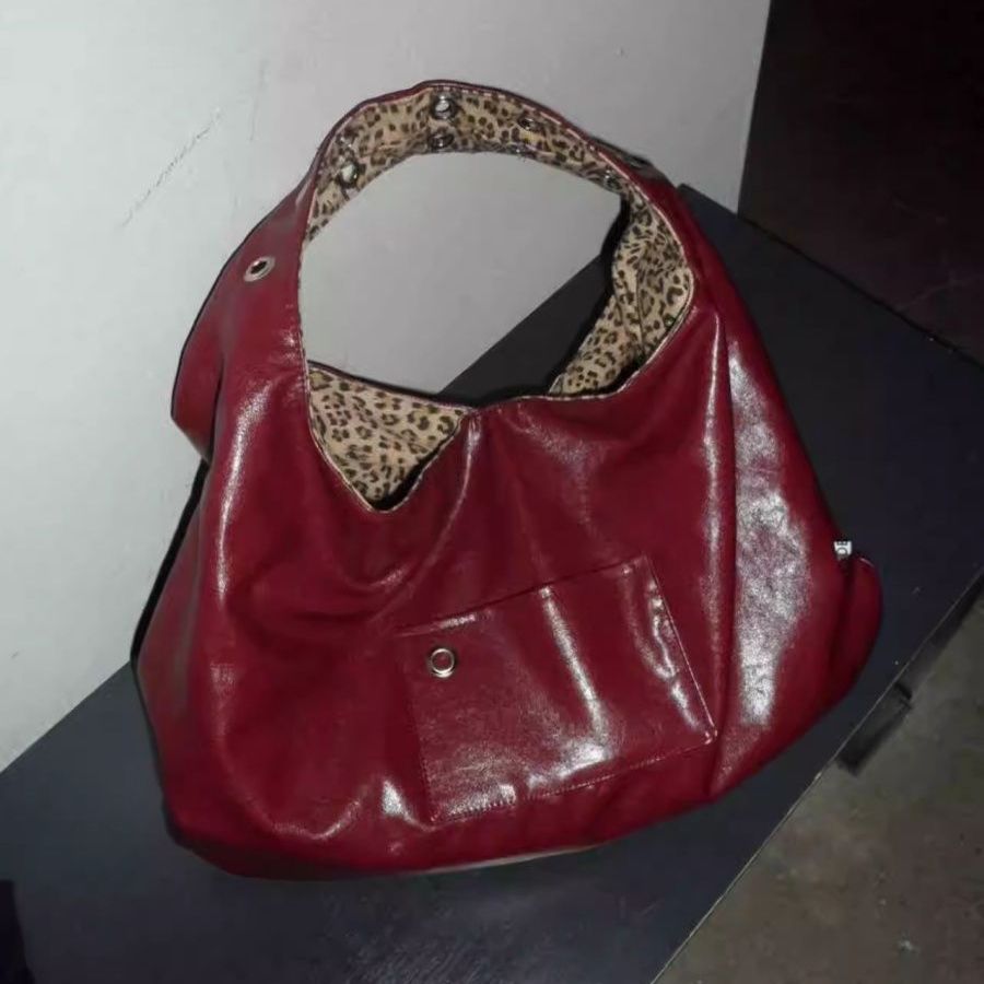 2025 New Hot Girl Leopard Print Large Capacity Tote Bag Burgundy Reversible Armpit Bag Shoulder Bag Handbag