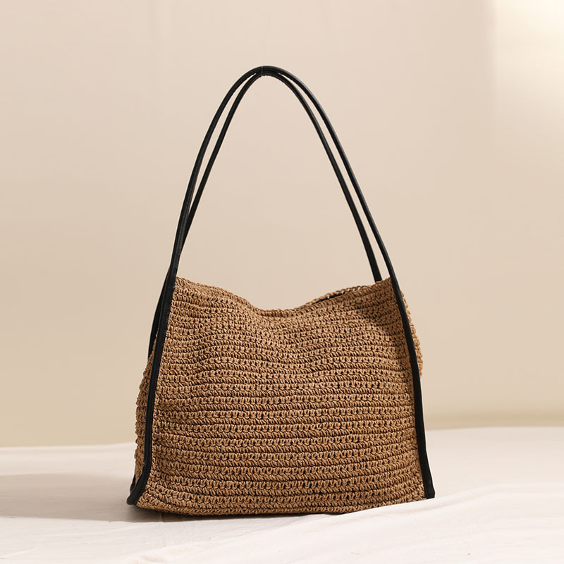 French style large capacity grass woven bag, new niche solid color grass woven bag, women's vacation beach bag