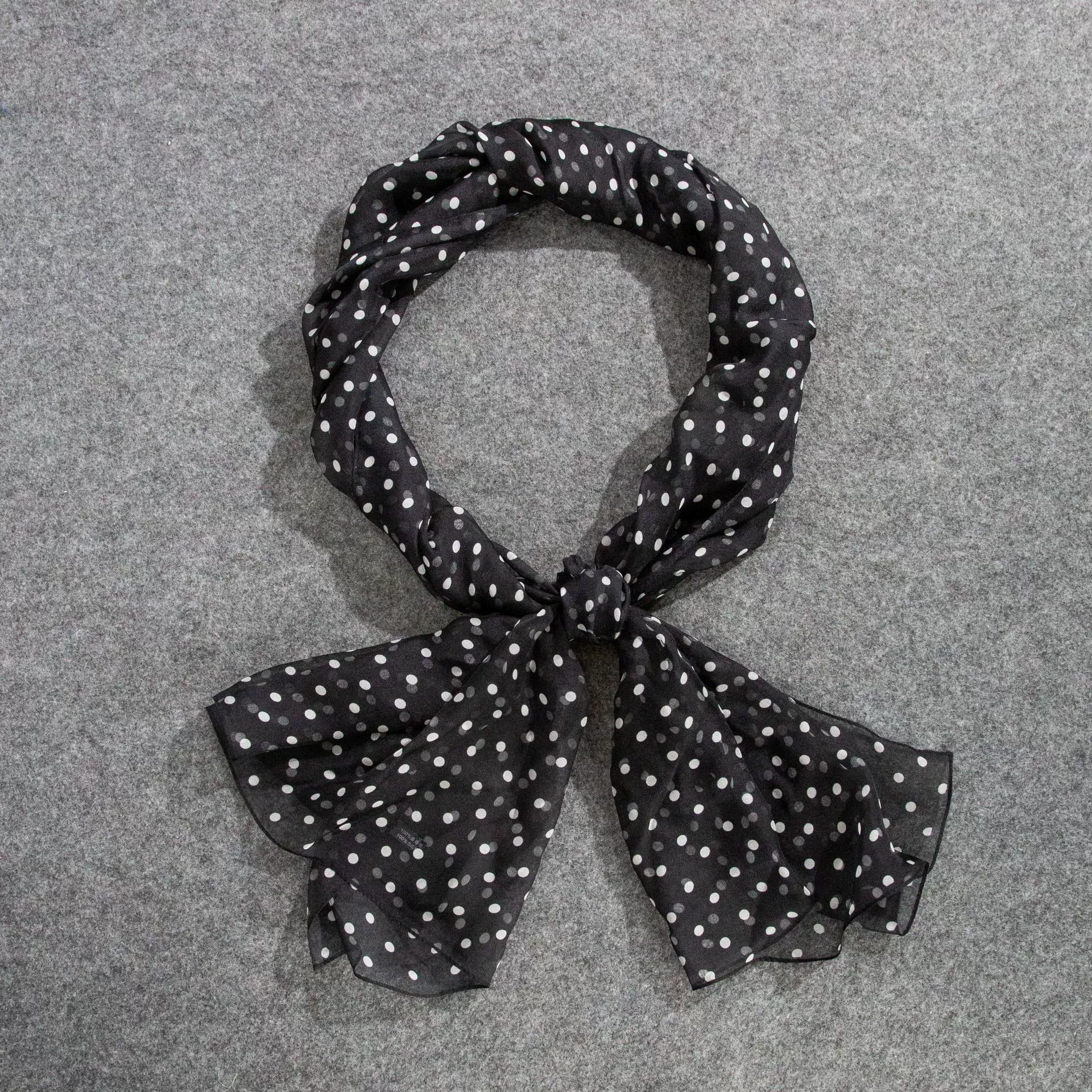 French black and white polka dot long silk scarf for women, 100% mulberry silk light shawl for spring and summer