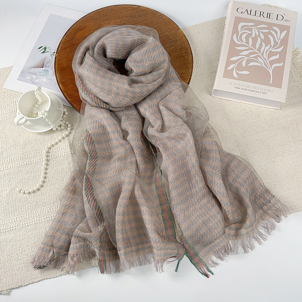 Double-layer chanel-style popular silk scarf for spring and summer, thin and fashionable sun protection shawl, mid-length cycling windproof scarf