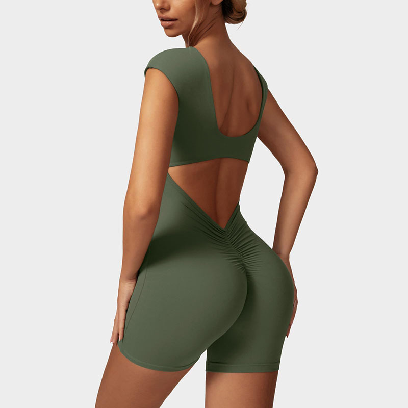 European and American Pleated Nude Short-Sleeved Yoga Jumpsuit High-Intensity Fitness Sports Amazon Jumpsuit Ok82