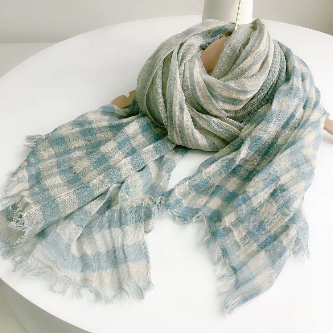 Yellow checkered linen scarf, thin and versatile shawl, Japanese-style women's sun-protective silk scarf for summer