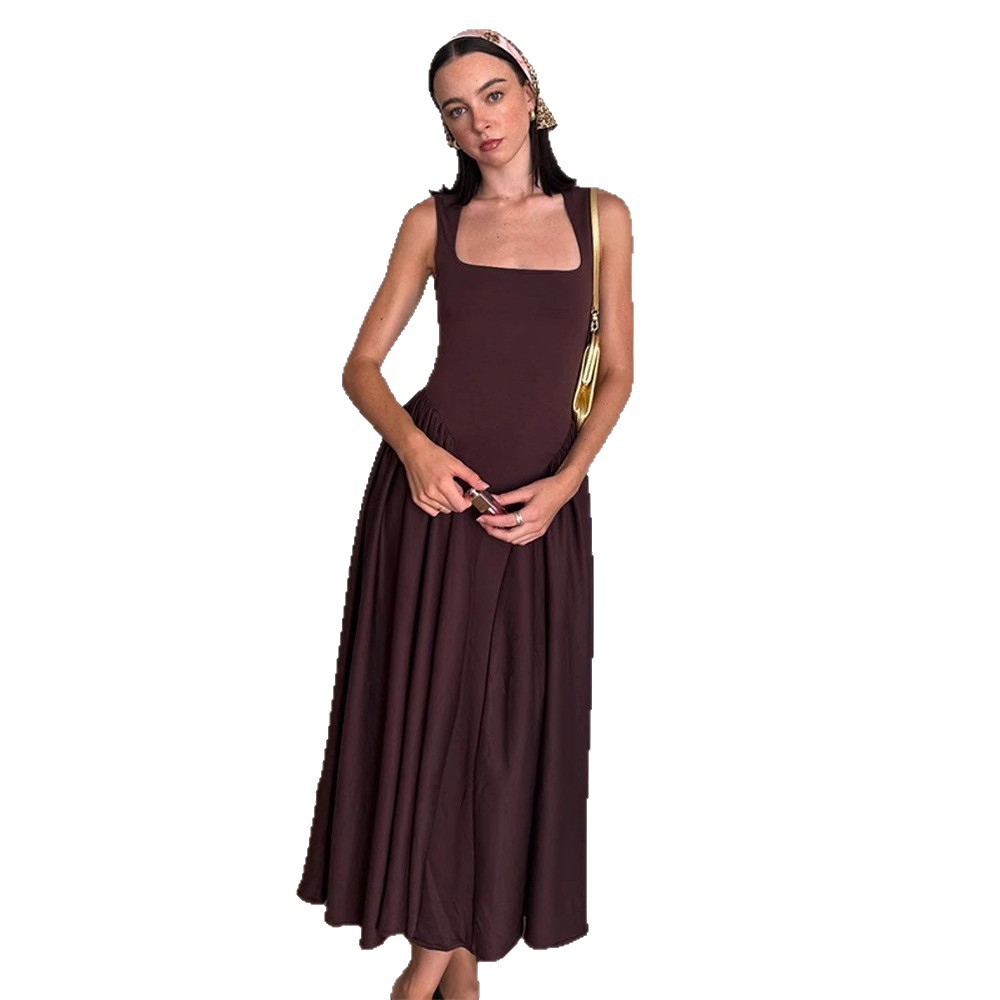 Cross-border foreign trade dress 2025 summer new solid color elegant square collar waist pleated vest skirt