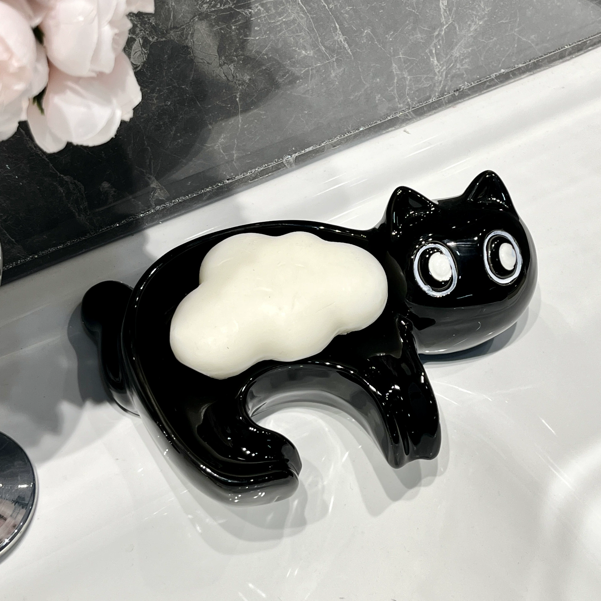 Male black cat draining soap box, non draining soap box, cute household soap dish