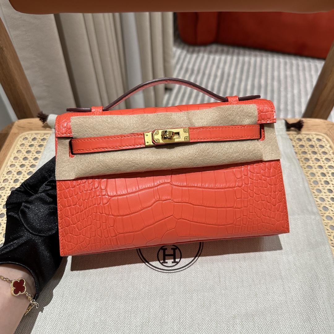 Hermès  Kelly Pochette 1 Orange Alligator🐊