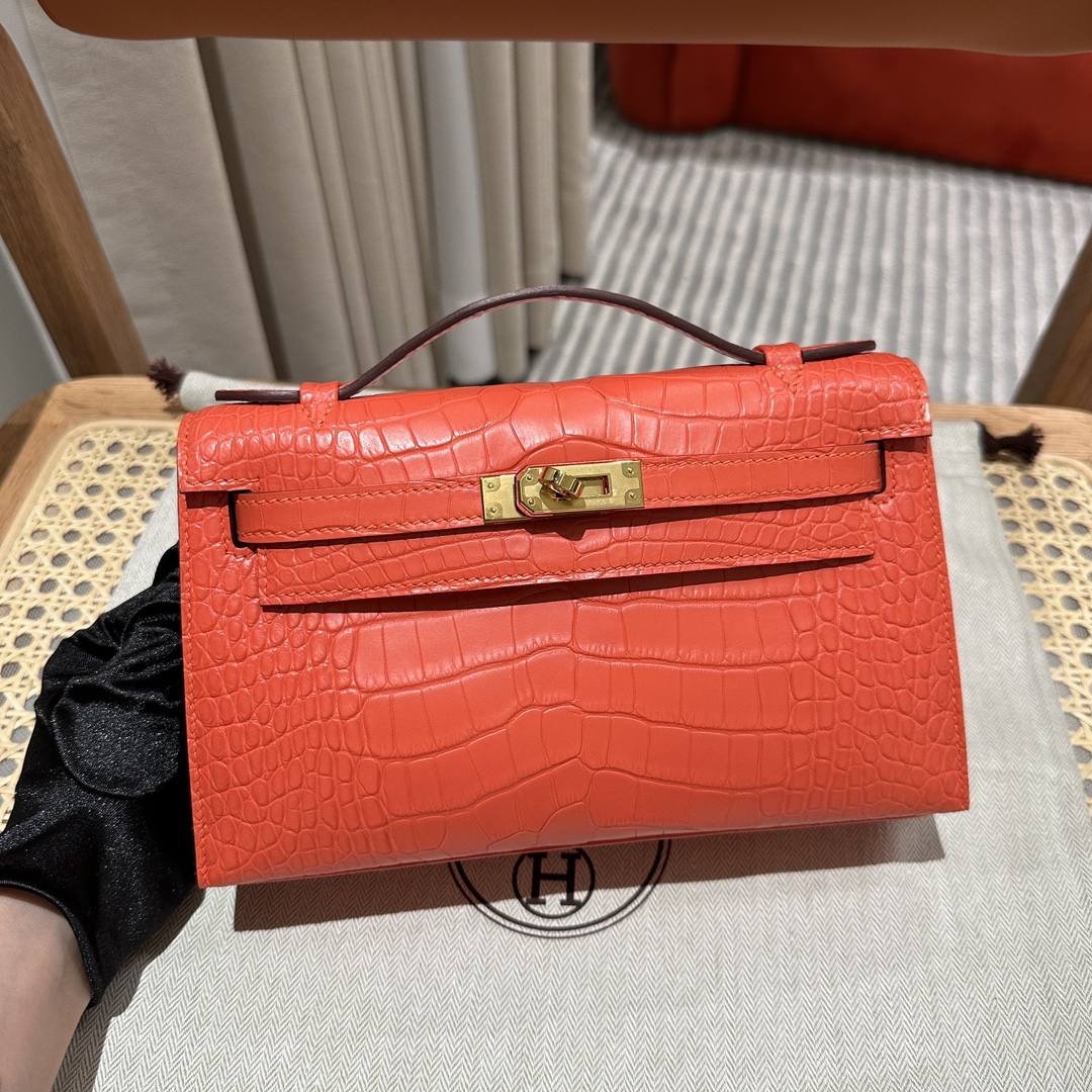 Hermès  Kelly Pochette 1 Orange Alligator🐊