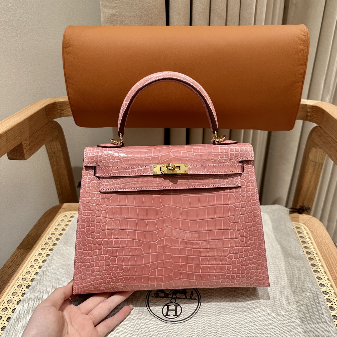Hermès  Kelly 25 Rose Confetti Porosus shiny