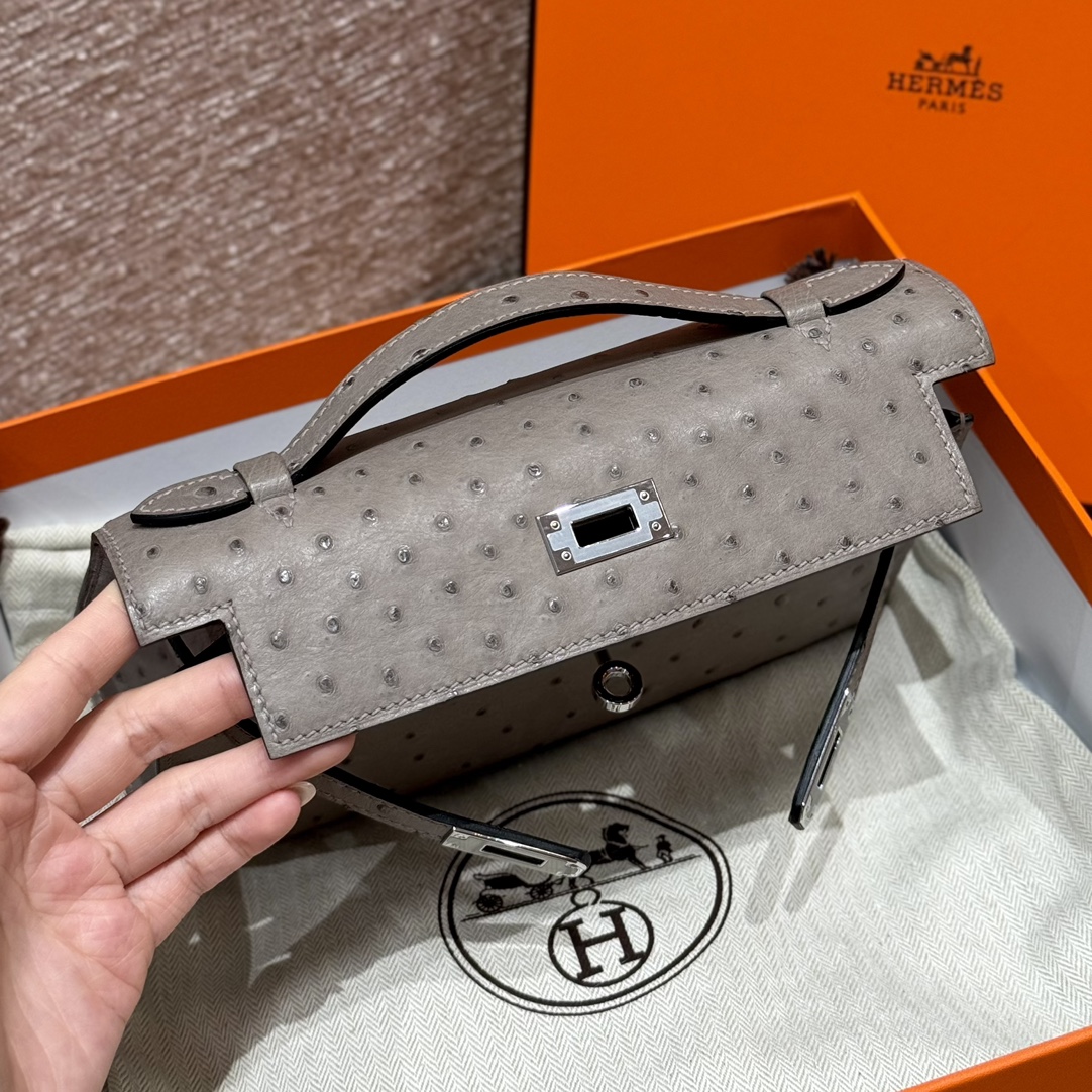 Hermès  Kelly Pochette 1 Gris tourterlle KK ostrich imported