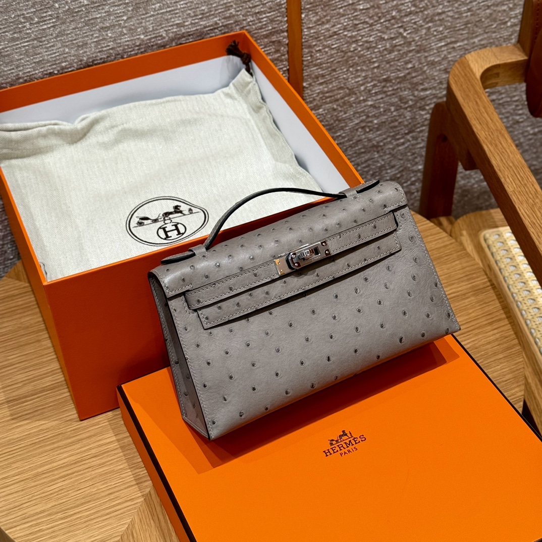 Hermès  Kelly Pochette 1 Gris tourterlle KK ostrich imported