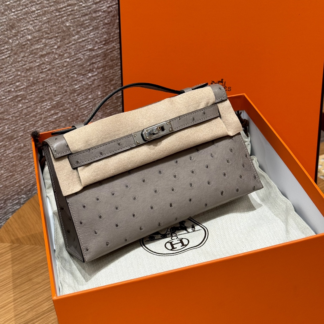 Hermès  Kelly Pochette 1 Gris tourterlle KK ostrich imported