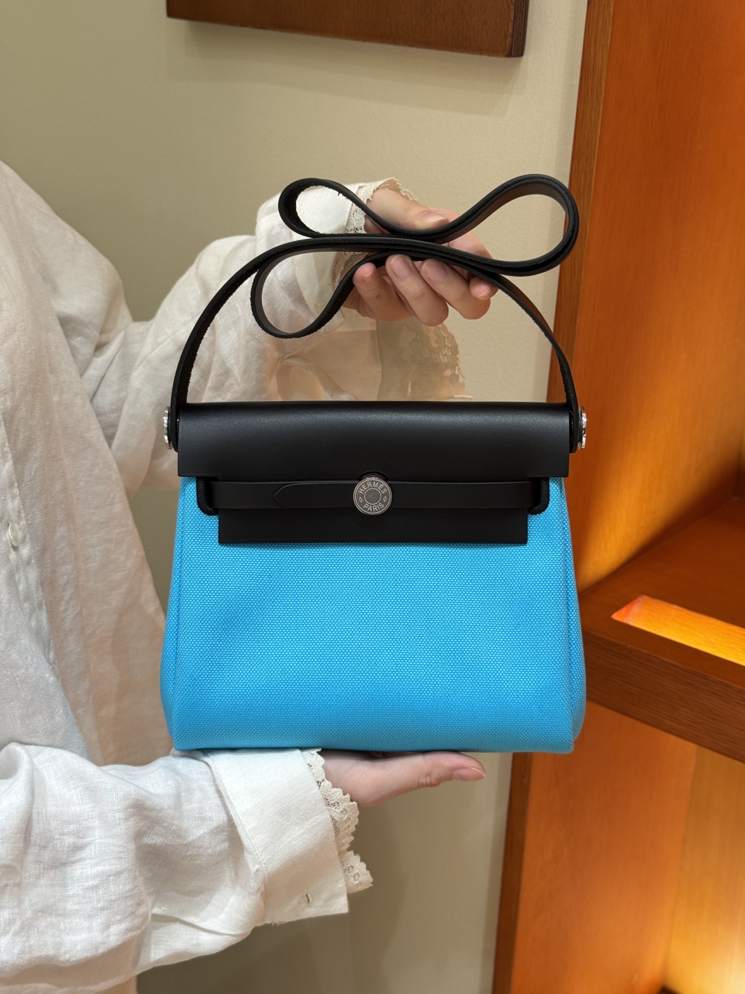 Hermès  Herbag 20 Bleu riviera/noir  Canvas and cowhide