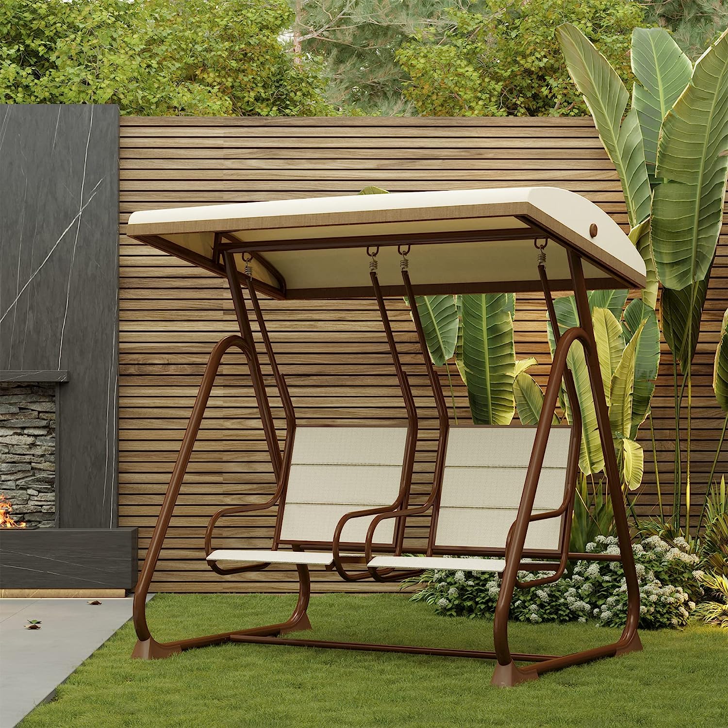 EAST OAK 2-Person Outdoor Patio Swing Chair with Adjustable Canopy, Porch Swing with Comfortable and Breathable Seats, Independent Swing Chairs for Garden, Balcony, Backyard, Chestnut Brown