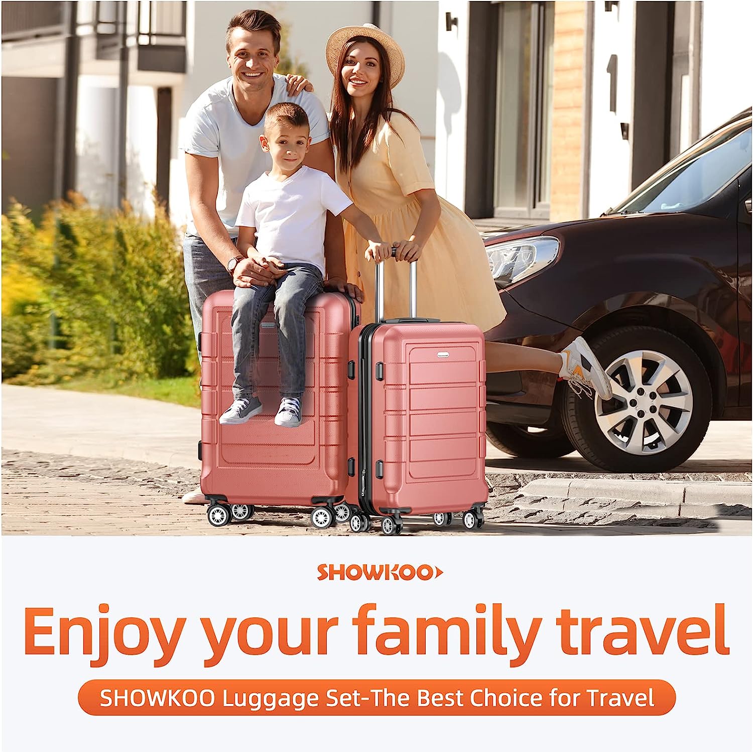 Luggage Sets Expandable PC+ABS Durable Suitcase Sets Double Wheels TSA Lock Rose Gold 3pcs