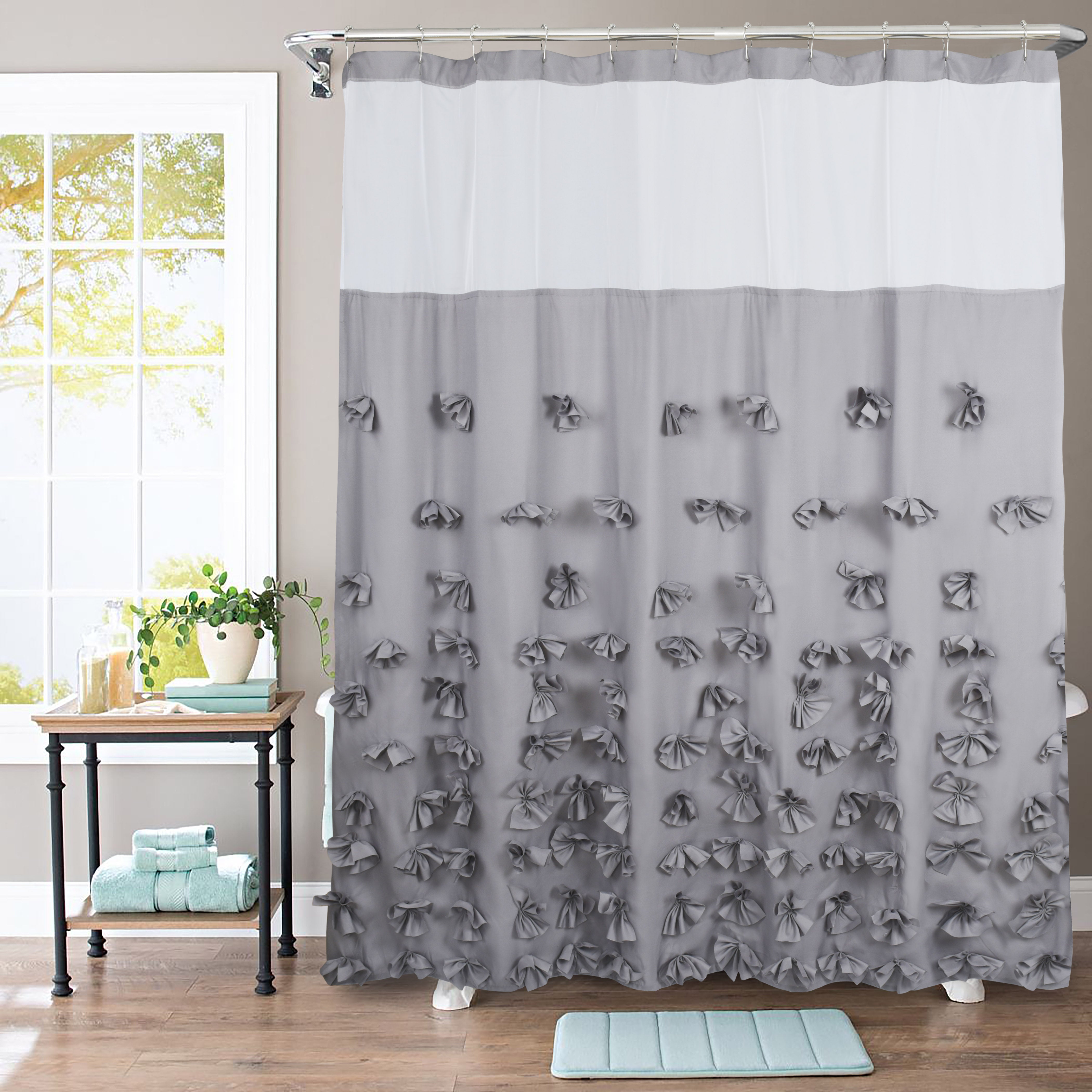 HIG Farmhouse Shower Curtain with Waterproof Detachable Liner, Boho Decorative Bathroom Curtain with Butterfly Flowers, Vintage Fabric Shower Curtain with See Through Window, 72