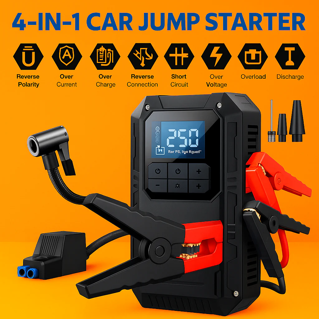 Heavy-Duty 4-in-1 Car Jump Starter with Air Pump and Power Bank