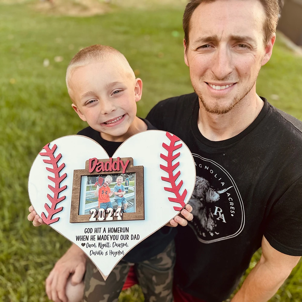 Custom Baseball Wooden Heart Sign with Photo Frame