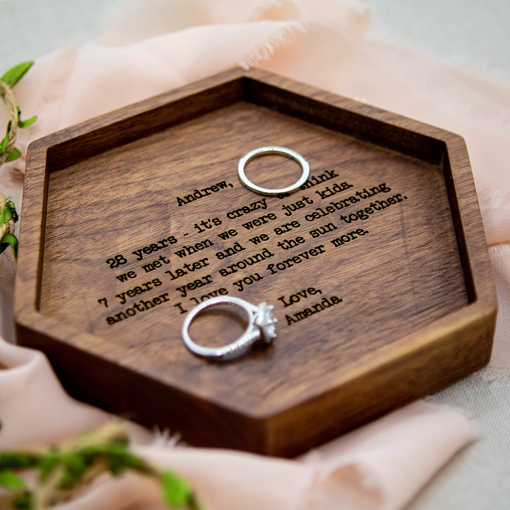 Custom Engraving Hexagon Walnut Wood Tray Engraved Key or Ring Dish