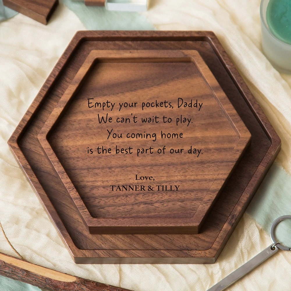 Custom Engraving Hexagon Walnut Wood Tray Engraved Key or Ring Dish