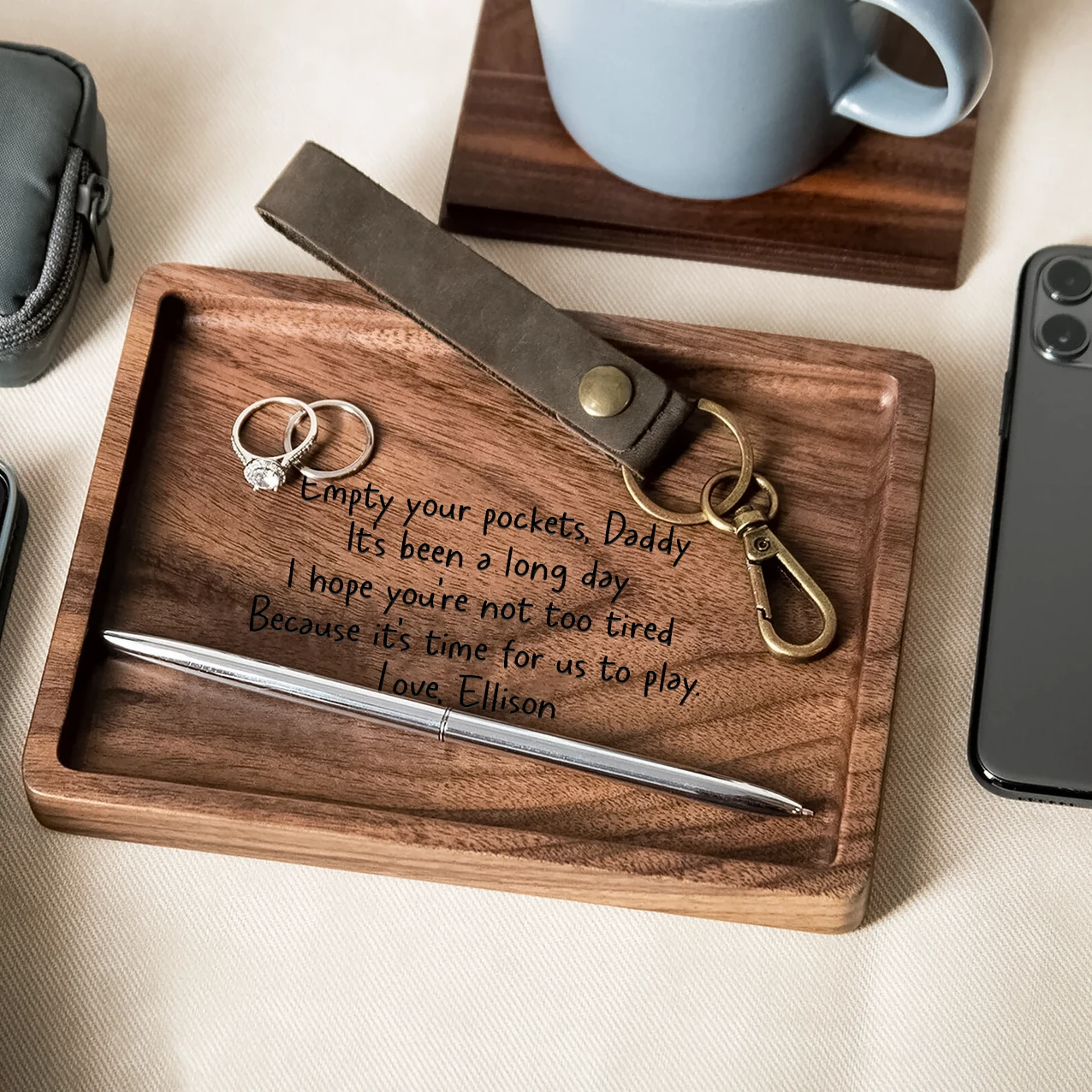 Custom Engraving Acacia Wood/Walnut Wood Tray Engraved Key or Ring Dish