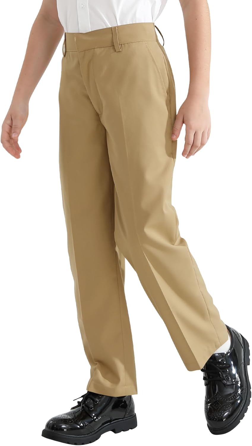 QBK Boys Flat Front Dress Pants Uniform Pants Adjustable Waistband for Toddler to Youth with Pockets