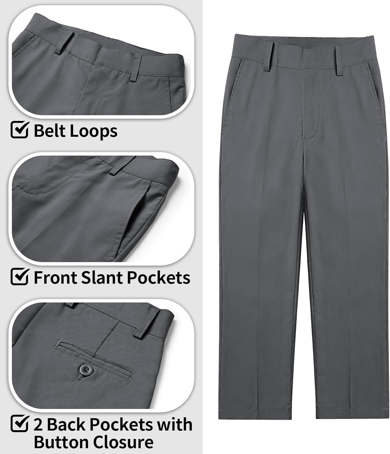 QBK Boys Flat Front Dress Pants Uniform Pants Adjustable Waistband for Toddler to Youth with Pockets
