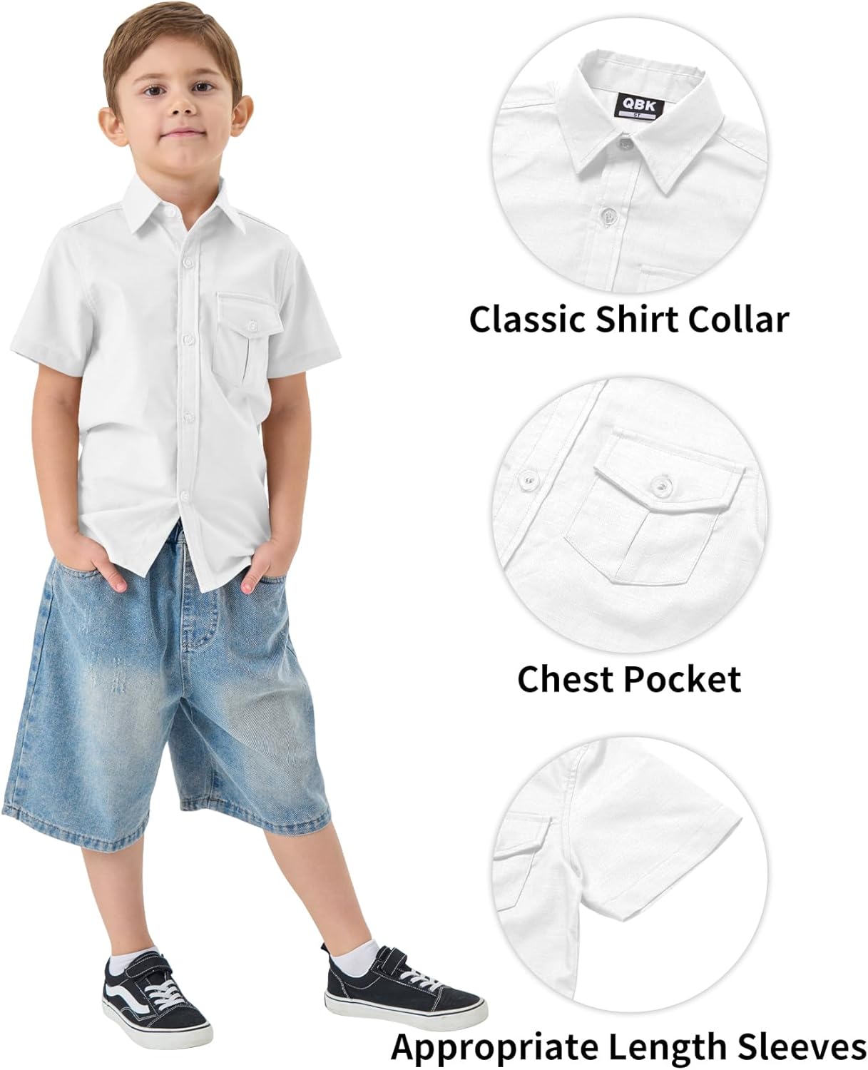 QBK Boys' Cotton Linen Short Sleeve Classic Button Down Shirts Boys Dress Shirt with Chest Pocket for 2T-16 Years